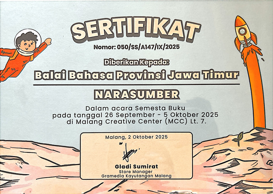 Piagam Sertifikat Narasumber Acara Semesta Buku Gramedia